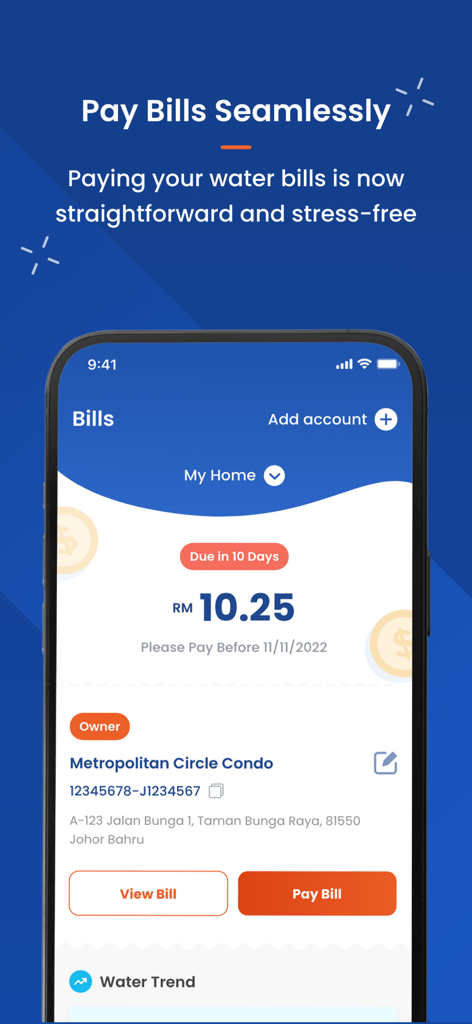 MySAJ 2.0 - Interface of MySAJ 2.0 app showing a water bill of 10.25 ringgit with options to view and pay the bill.