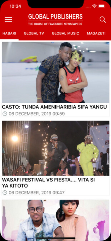 Global Publishers - Aplicación móvil de Global Publishers mostrando un feed de noticias de entretenimiento en suajili y titulares de celebridades