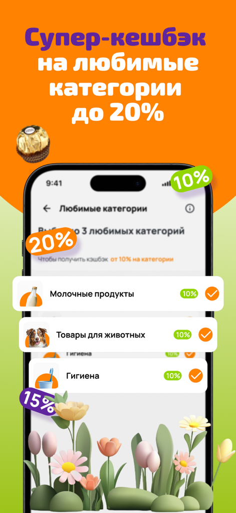 Dixy mobile app interface showing cashback selection for grocery categories like dairy and pet supplies