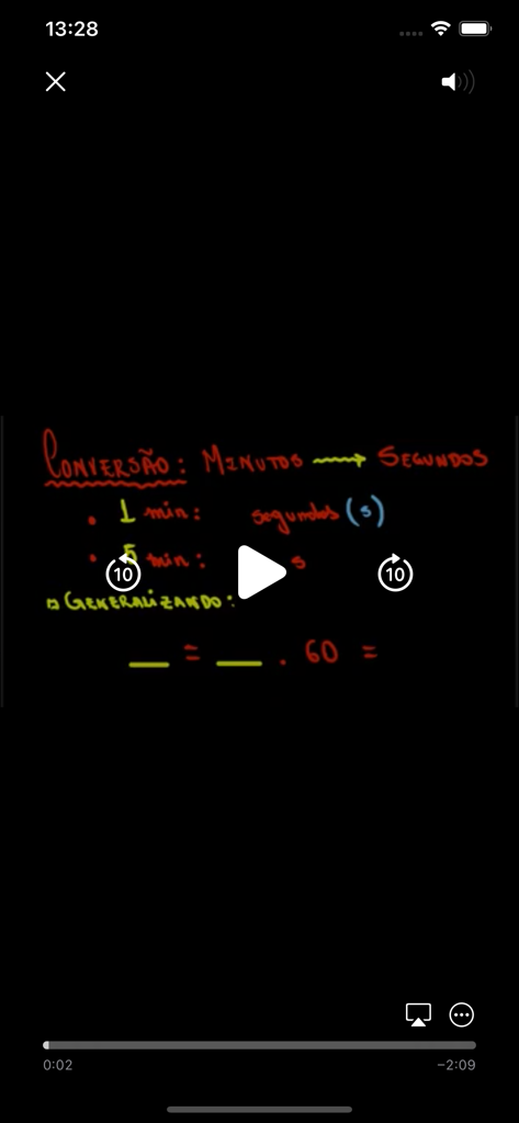 TrilhaEdu - A math video lesson in the TrilhaEdu app explaining how to convert minutes into seconds with handwritten notes.