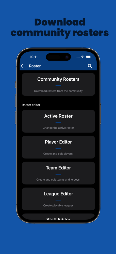 Baseball Legacy Manager 25 - Tela do editor de elenco do Baseball Legacy Manager 25 mostrando elencos da comunidade e opções de personalização