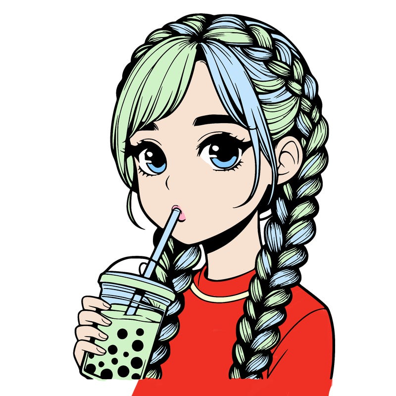 realistic girl with braided hair drinking boba
