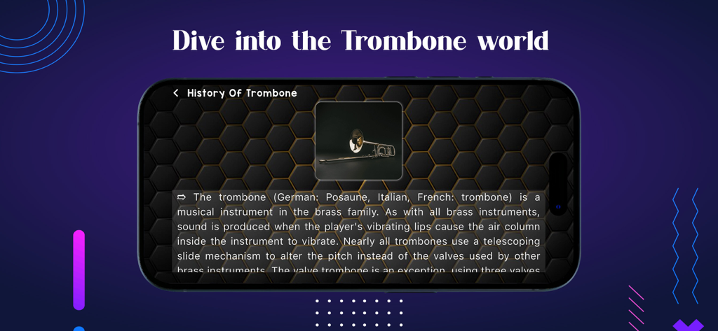 A mobile screen showing the history of the trombone with a descriptive text and an image of the instrument.