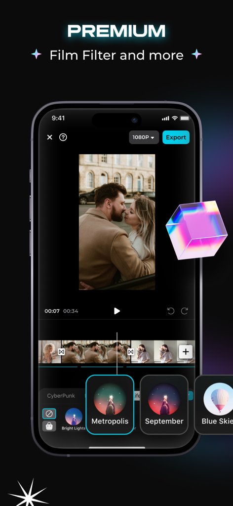 Add Music to Video - Muvi - Interface de l'application Muvi montrant des filtres cinématographiques esthétiques premium pour le montage vidéo mobile