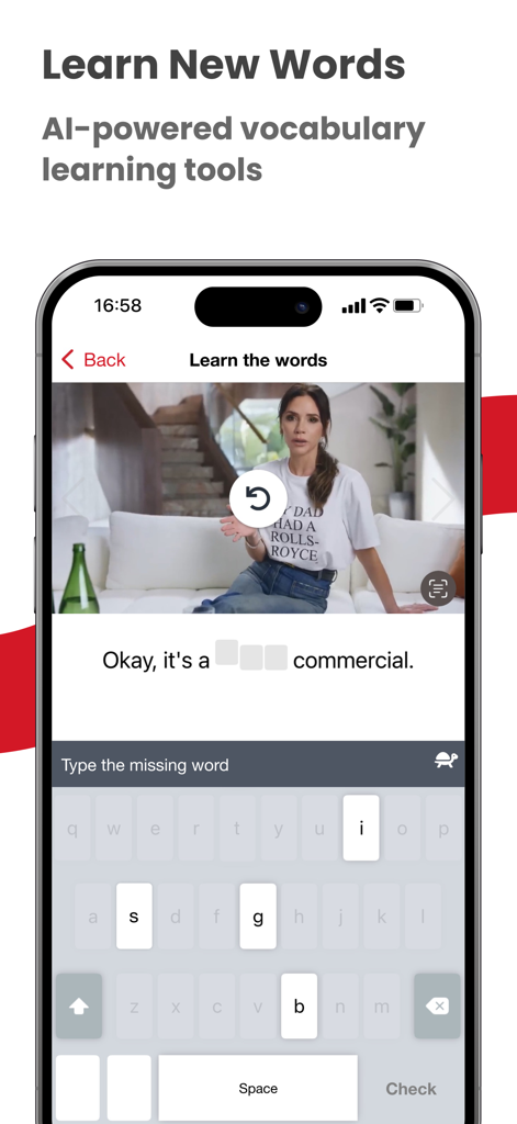 EnglishCentral - Learn English - EnglishCentralアプリのインターフェース、ビデオコンテンツを通じたAI主導の語彙学習を表示