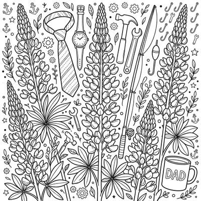 Surprise Dad with this unique coloring page featuring elegant lupine flowers intertwined with classic Father's Day symbols like ties, tools, and fishing gear. It's the perfect creative activity to celebrate the special dads in your life.