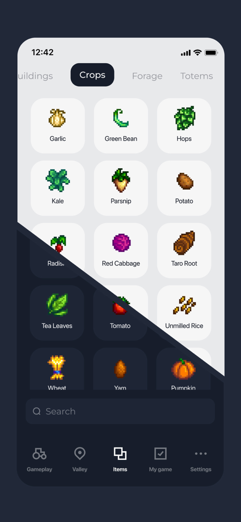 SV Guide - Interfaccia dell'app SV Guide che mostra una griglia di colture di Stardew Valley con icone e nomi in modalità chiara e scura