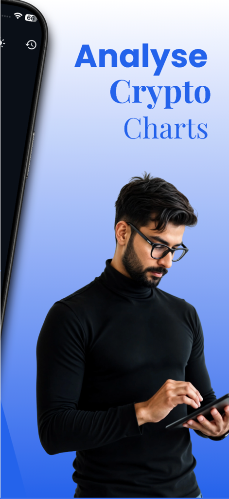 Crypto AI: Trading Analyzer - Un hombre analizando gráficos del mercado de criptomonedas en una tablet usando la aplicación Crypto AI