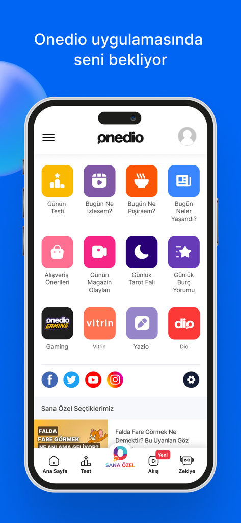 Onedio – İçerik, Haber, Test - La pantalla de inicio de la aplicación móvil Onedio que muestra varias categorías de contenido como pruebas diarias, recetas, noticias y horóscopos.