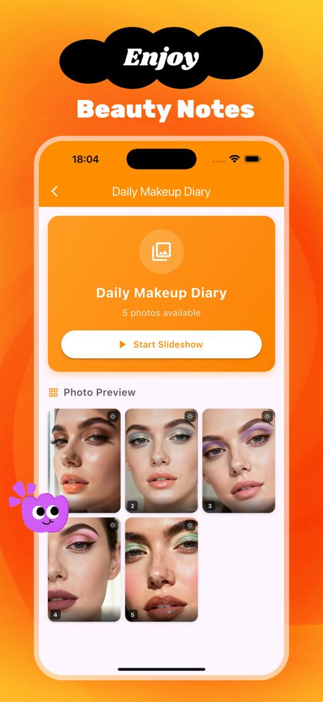 ohkis - A screenshot of the ohkis app interface showing the Daily Makeup Diary screen with a photo gallery of different makeup looks and a Start Slideshow button.