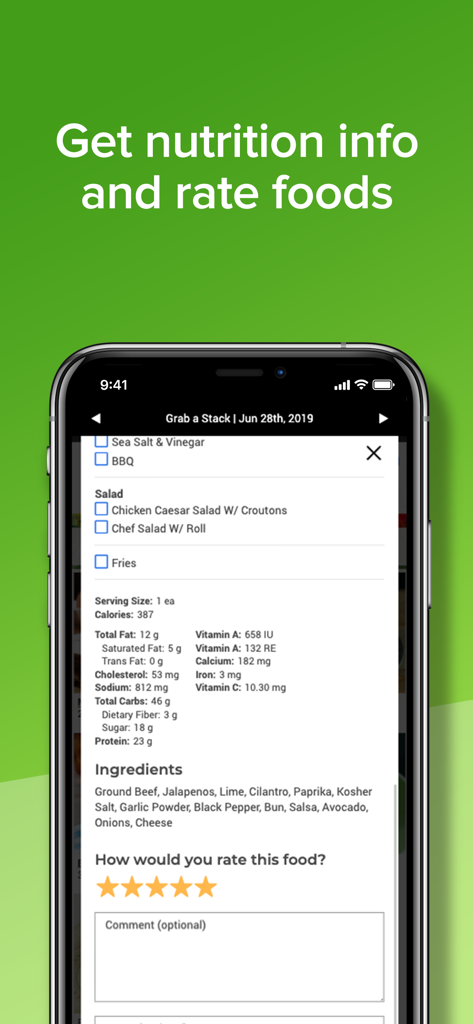 FlikISDining app screen showing nutritional facts and food rating options