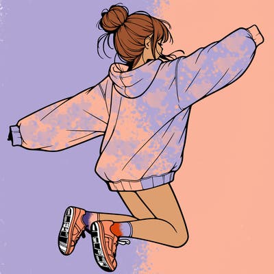 realistic girl jumping with a bun and oversized sweatshirt