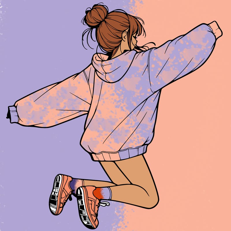 realistic girl jumping with a bun and oversized sweatshirt