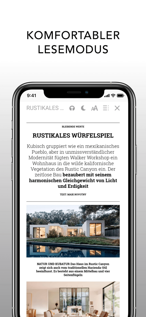 Interface of the Haueser Magazin mobile app displaying an architecture article in a clean reading mode layout on a smartphone screen.
