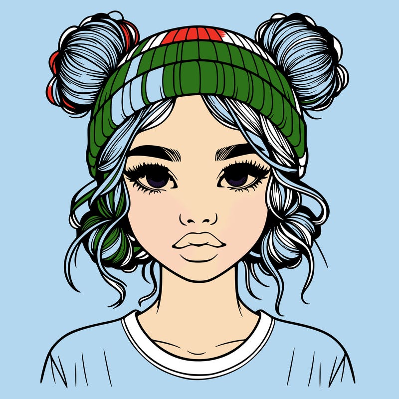 realistic girl with buns in her hair with a beanie on