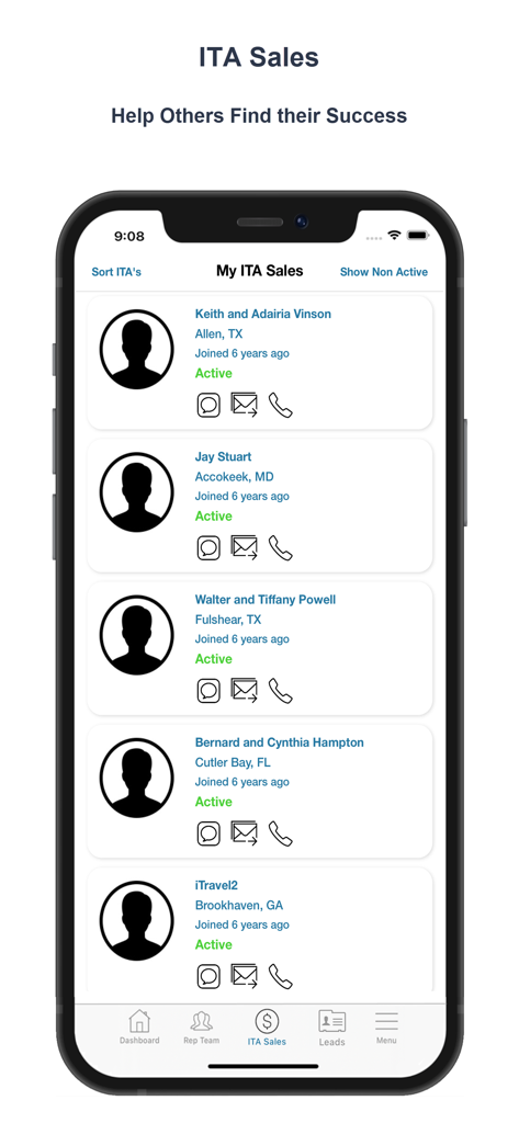 PlanNet Marketing Reps - PlanNet Marketing Reps app interface displaying a list of active ITA sales with contact icons