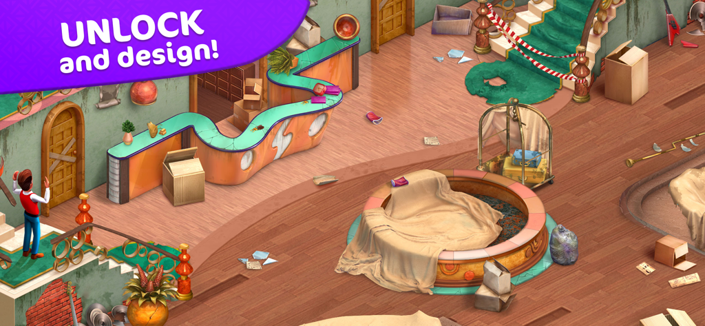 A messy hotel lobby interior needing renovation in the Hidden Hotel game