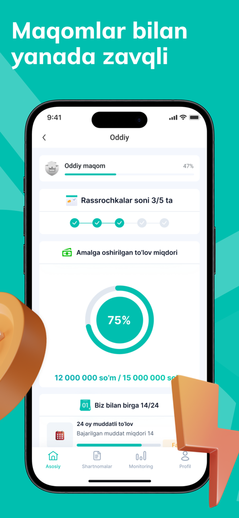 Asaxiy Nasiya mobile app dashboard showing installment progress and payment tracking.