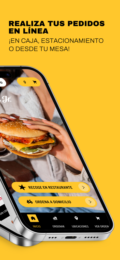 Carl's Jr. México - Tela de pedido online e opções de retirada do aplicativo Carl's Jr Mexico em fundo amarelo