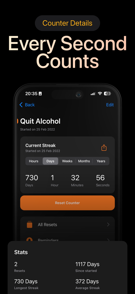 Days Since: Quit Habit Tracker - Una pantalla de contador de sobriedad que muestra una racha de setecientos treinta días sin consumir alcohol, con estadísticas detalladas del hábito.