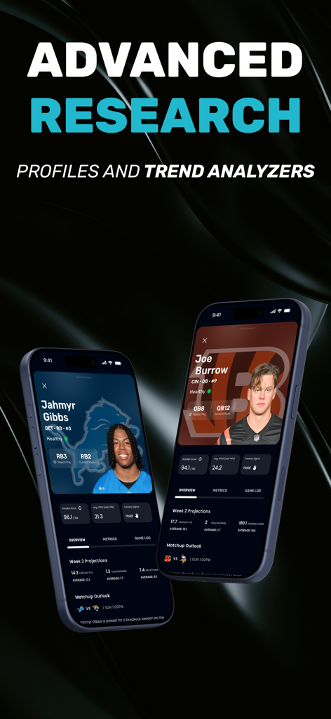 RotoBot - AI Sports Insights - RotoBot-App-Oberfläche, die erweiterte Forschungs- und Spielerprofile für Jahmyr Gibbs und Joe Burrow zeigt