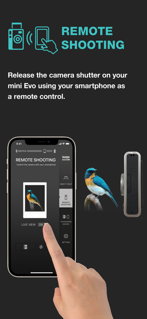 Une application smartphone affichant l'interface de prise de vue à distance pour contrôler un appareil photo instax mini Evo