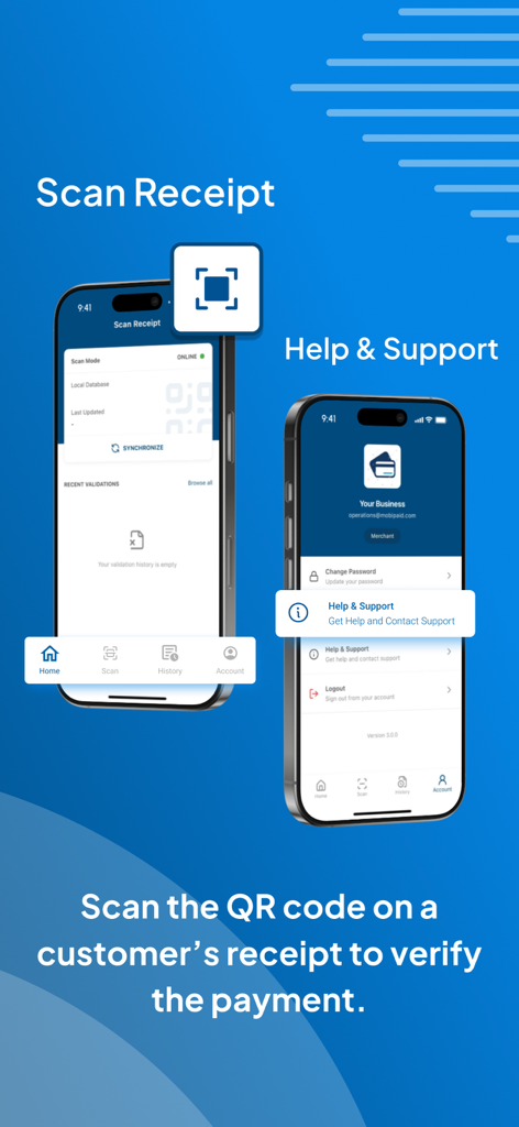 Mobipaid - Mobipaid app interface showing the scan receipt feature for QR code payment verification and the help and support menu