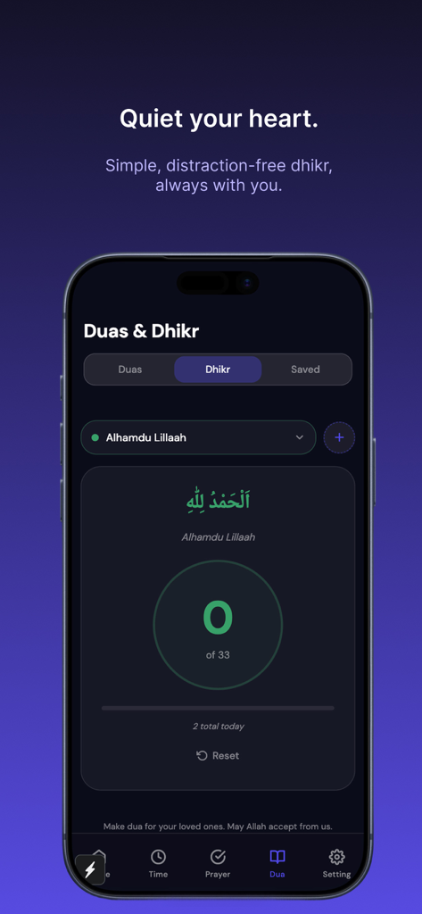 Mu'mina - Minimalist dhikr and tasbeeh counter interface on the Mu'mina Islamic lifestyle app