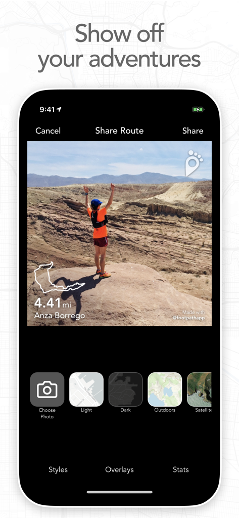 Footpath app interface for sharing a route with a custom photo and distance overlay