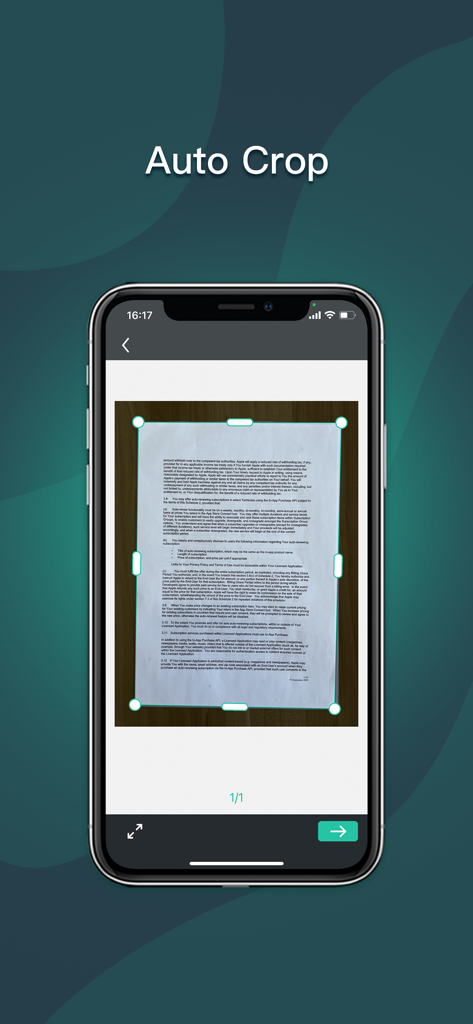 Simple Fax-Send fax from phone - Función de recorte automático de la aplicación móvil Simple Fax para escanear documentos.