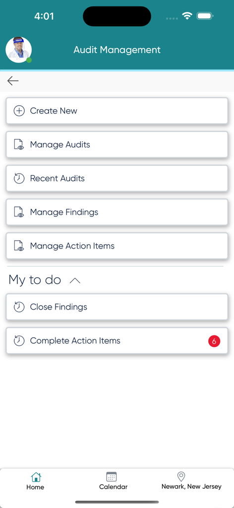 Ideagen EHS - Audit Management dashboard in the Ideagen EHS app displaying options for audits findings and action items
