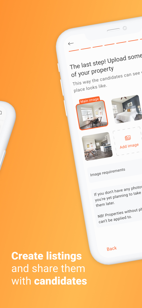Rendin - Safe Rental Agreement - Mobile interface of Rendin app showing the property photo upload screen for creating a rental listing