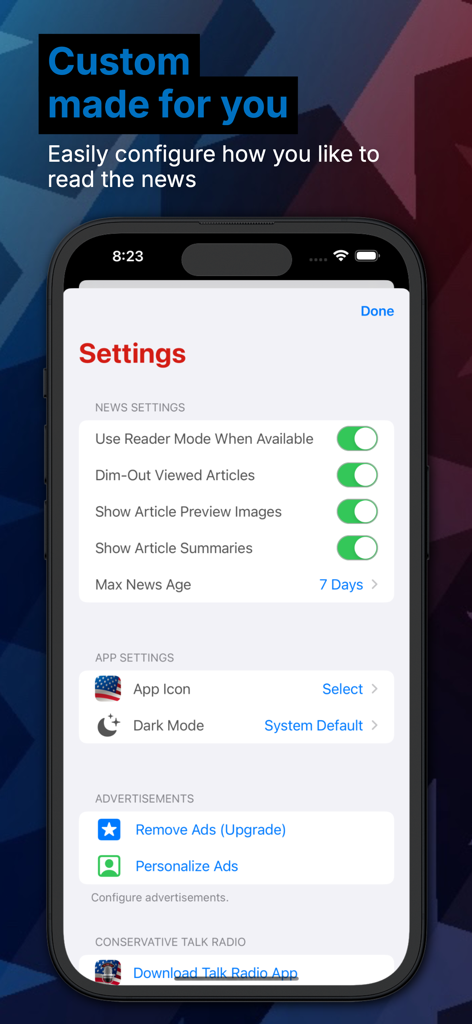 Conservative News - Settings screen of the Conservative News app showing options to customize news reading preferences and app appearance.