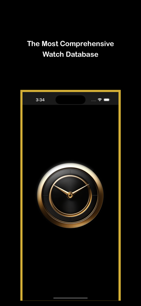 Horology - Watch Database - A luxury gold and black minimalist watch dial on the Horology app intro screen