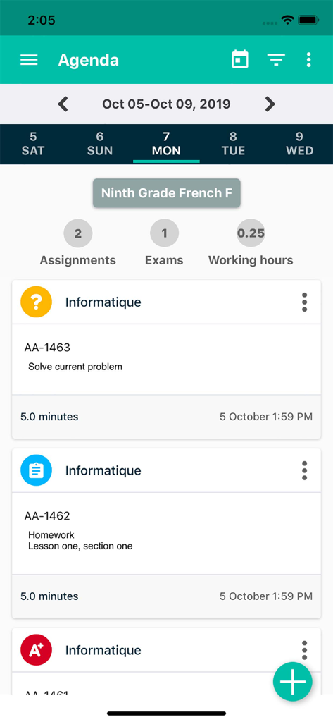 eSchool Agenda - Tableau de bord mobile eSchool Agenda montrant une liste quotidienne des devoirs et examens des élèves
