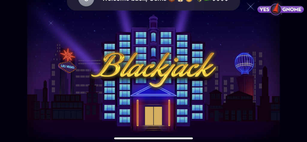 Gold Blackjack title on a Las Vegas neon city night background