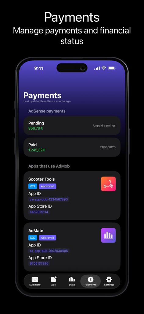AdMate 앱 인터페이스로 연결된 AdMob 앱과 함께 보류 중이거나 지급된 광고 수익 요약을 표시합니다.