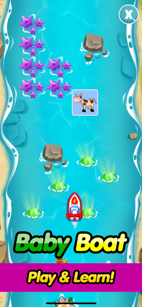 빨간색 보트가 강에서 불가사리와 다이아몬드를 수집하는 유아 보트 게임 인터페이스