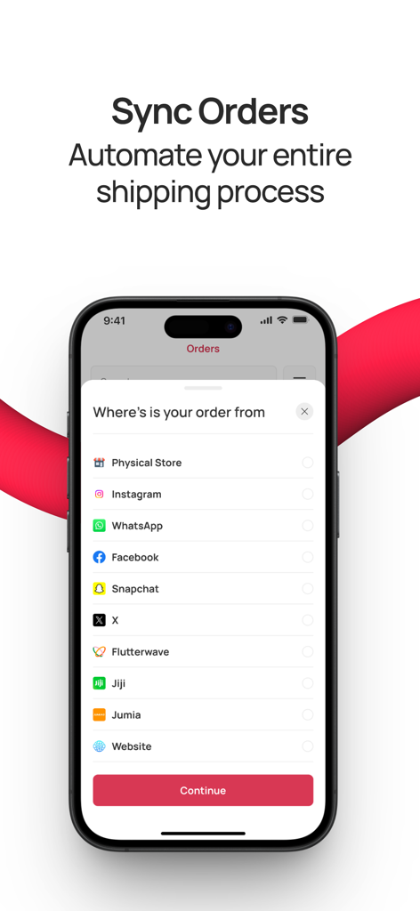 Shipbubble - Shipbubble app screen showing options to sync orders from social media platforms like Instagram and WhatsApp to automate shipping.