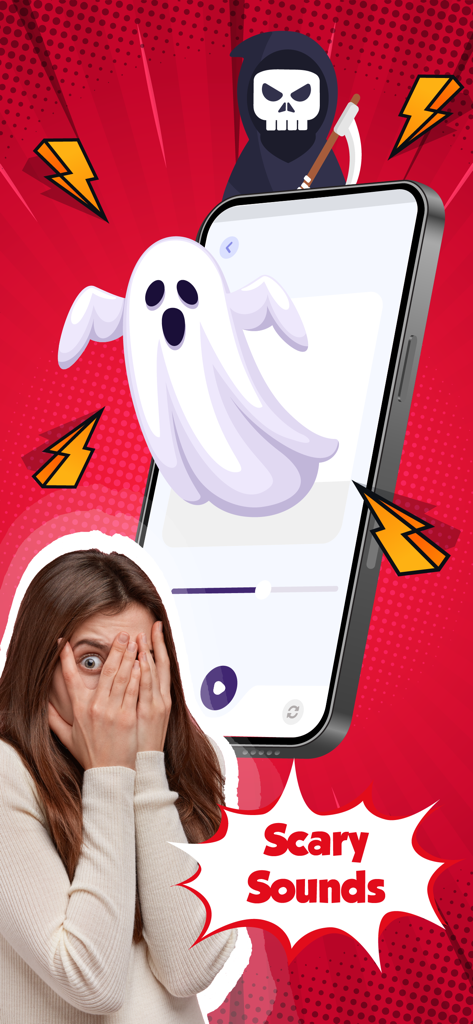 Una mujer asustada mientras un fantasma emerge de la pantalla de un smartphone con el texto Scary Sounds