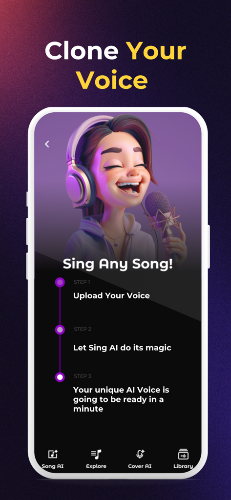 Sing AI app screen explaining the three step process to clone your voice for singing covers