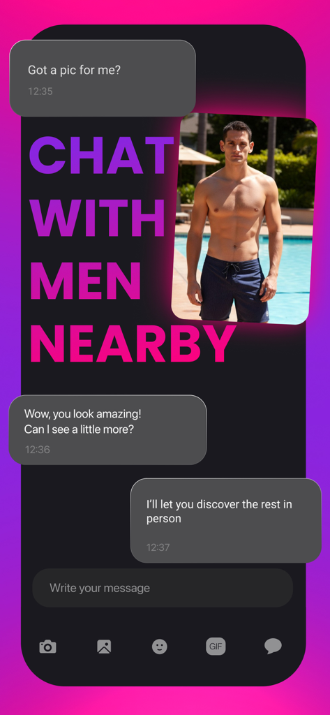 Mr X 게이 데이팅 앱 스크린샷으로 프로필 사진과 메시지가 있는 비공개 채팅 인터페이스를 보여줍니다.