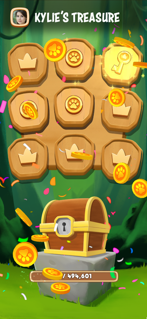 Tiles of Fortune gameplay showing a treasure chest and collecting gold coins during a raid