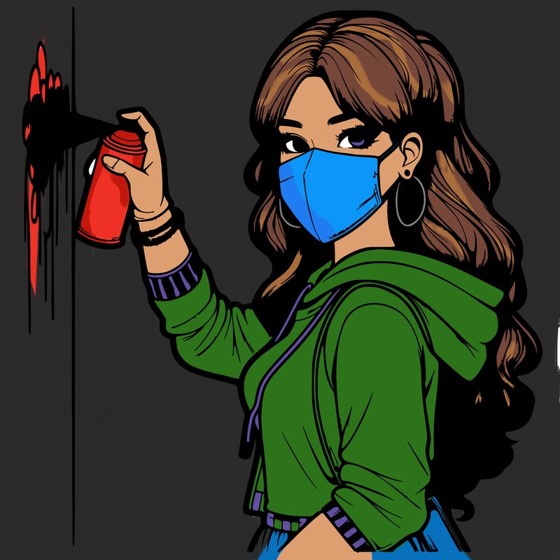 realistic girl with mask spray painting a wall