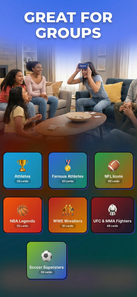 Guess Who: Charades & Trivia - Amigos jugando un juego de charadas con categorías deportivas como la NFL y la NBA