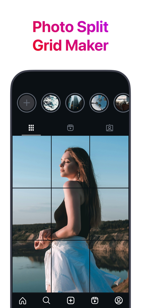 Grid Preview for Instagram - Interface do Photo Split Grid Maker mostrando um retrato feminino dividido em um layout de Instagram 3x3