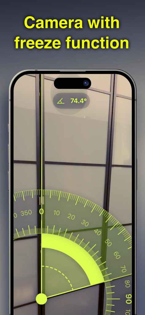 Protractor - Angle Measure - A smartphone screen displaying the Protractor app measuring a 74.4 degree angle on a window frame using the camera freeze function.