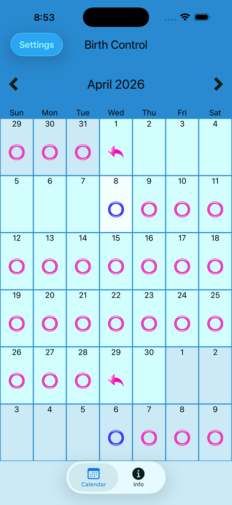 Birth Control Pill Reminder - Monthly calendar interface of the Birth Control Pill Reminder app showing a schedule with cycle tracking icons.