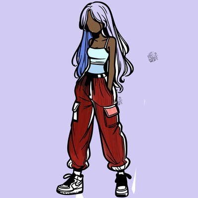 girl in baggy pants crop top and long hair