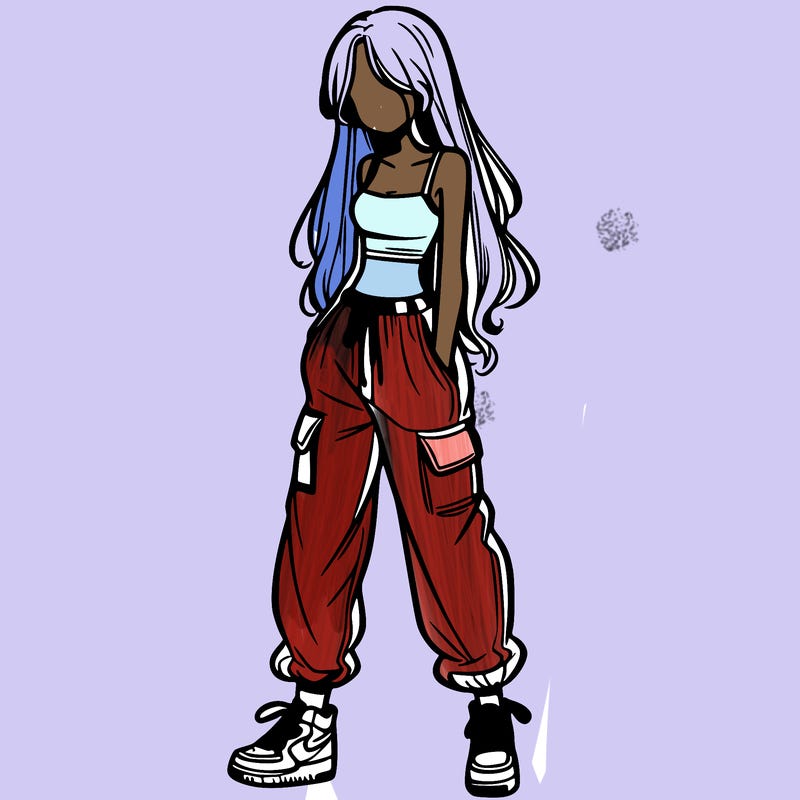 girl in baggy pants crop top and long hair